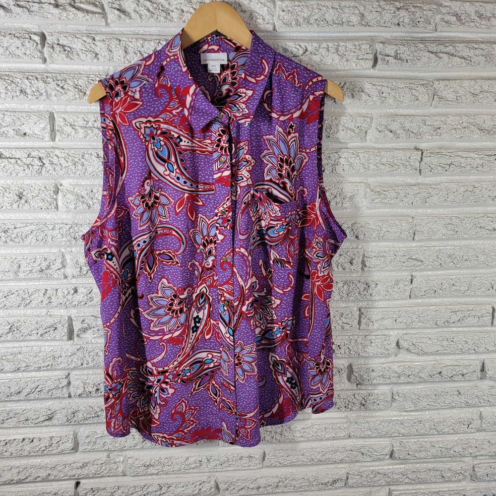 Liz Claiborne 2XL XXL Floral Sleeveless Top Collared Button Up Plus Size FLO261E